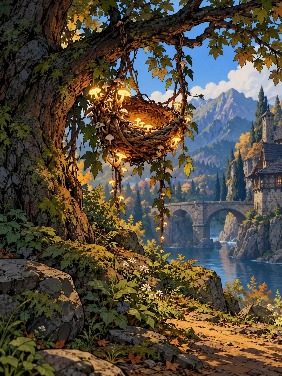 A blackbird’s nest holds a golden lantern above the trees and lakeside houses