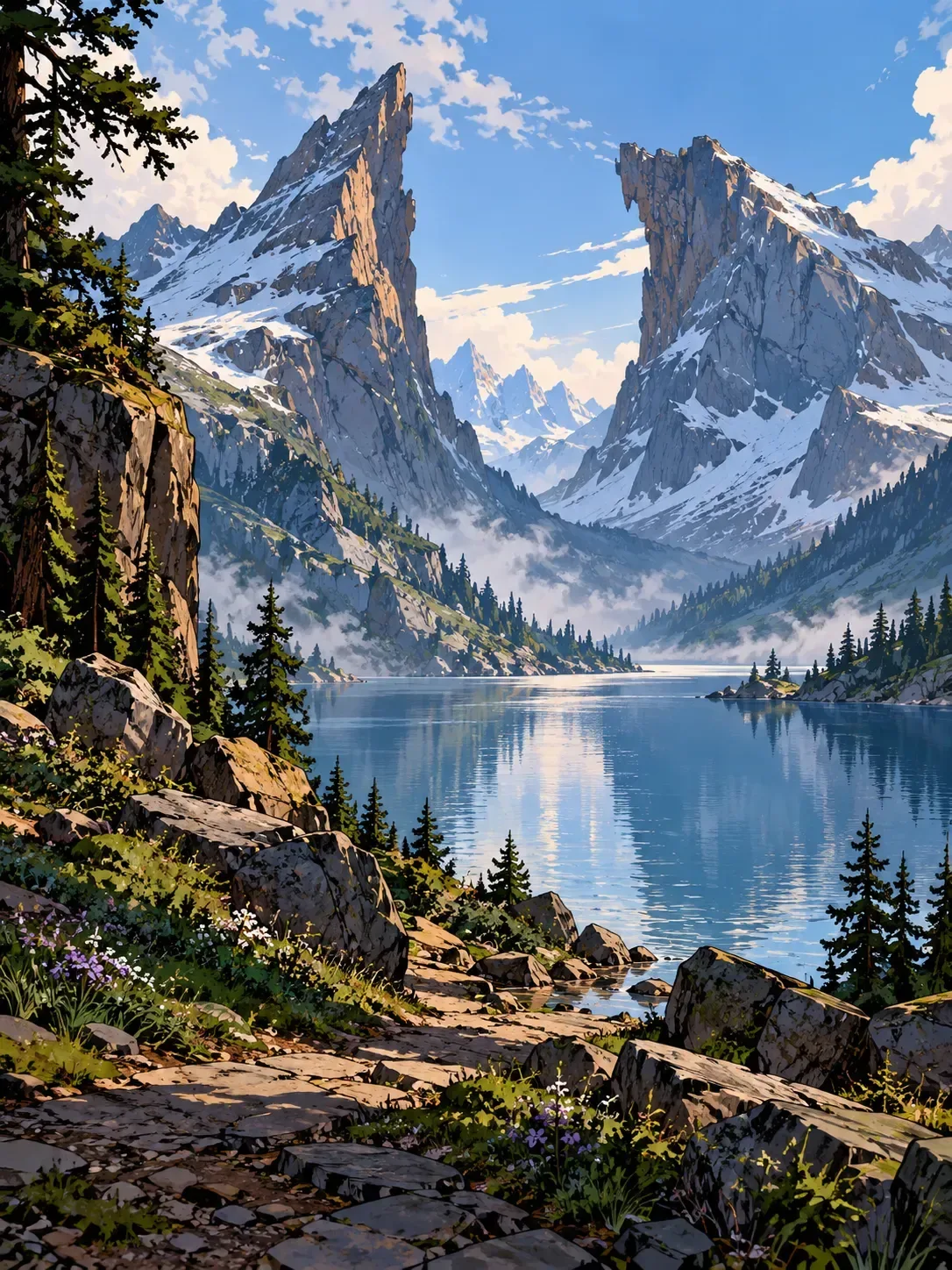 A natural window in the mountain rock frames the distant landscape