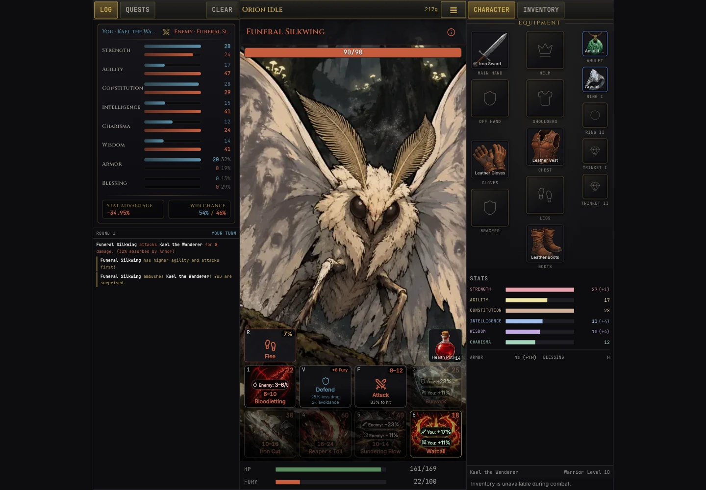 Actual desktop combat against Funeral Silkwing, with combat log, health, Fury, and warrior abilities