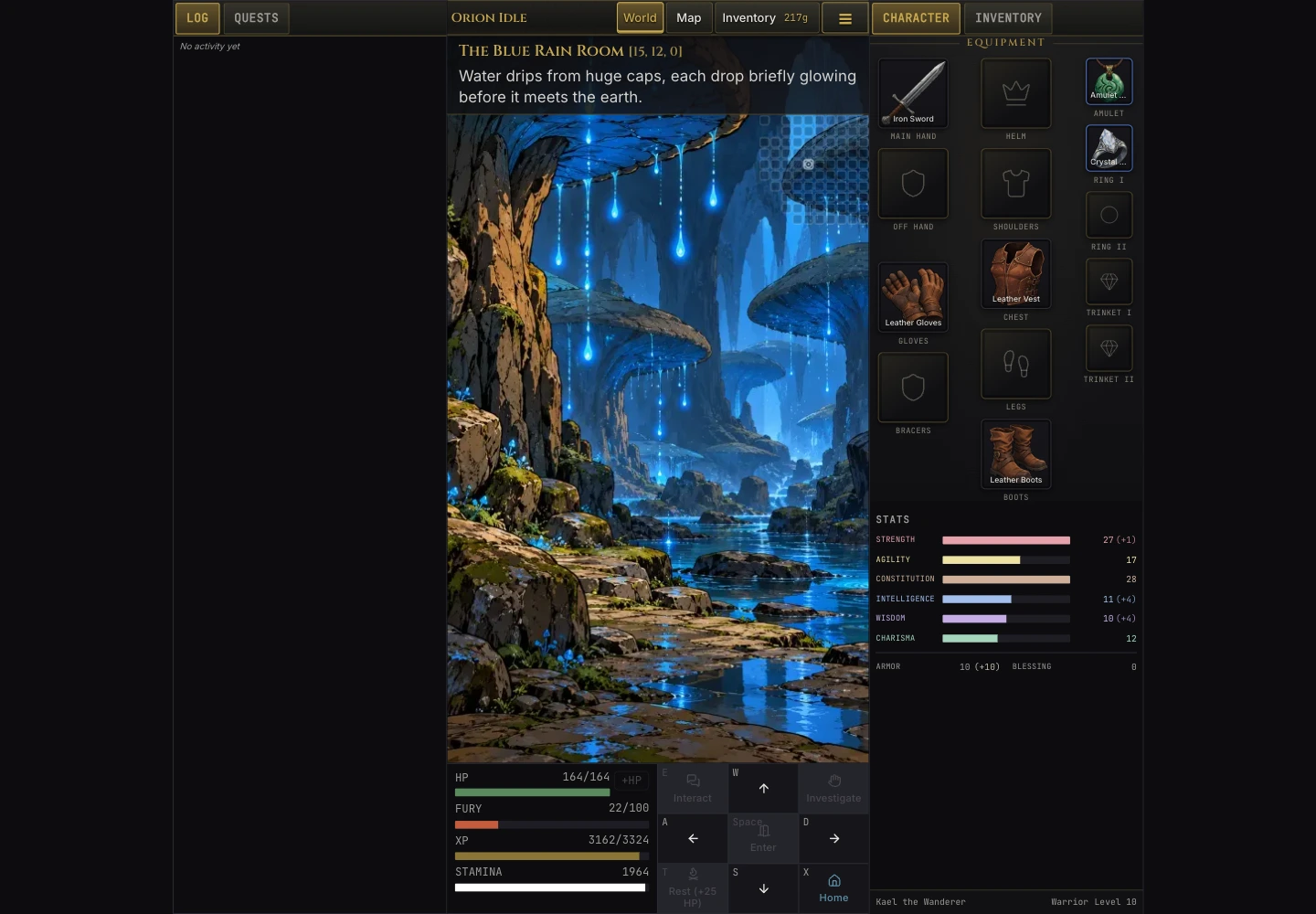 Actual desktop gameplay in the Blue Rain Room, with the world scene, activity panel, inventory, and movement controls