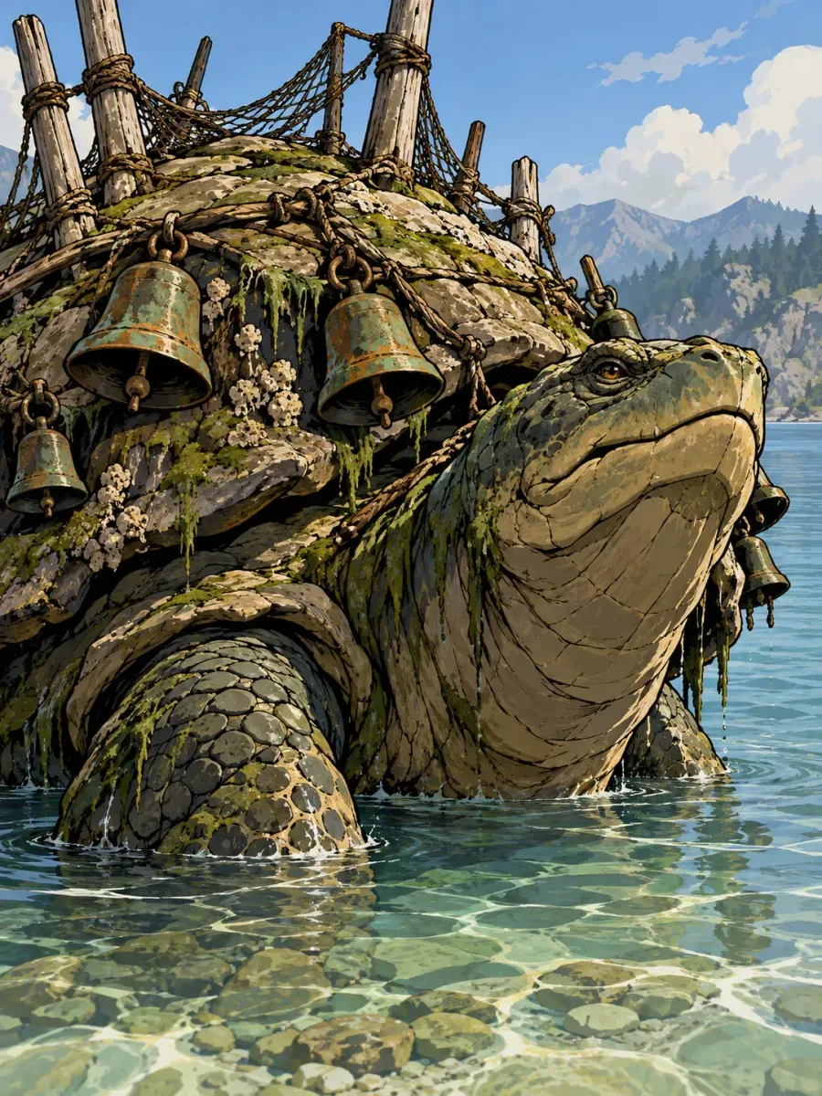 A giant lake reptile bearing old bell metal and net poles on its shell