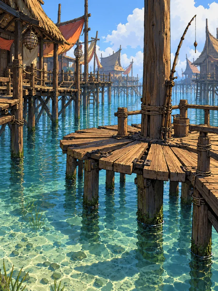 The Folding Dock extends above clear, shallow water in the Forever Shore