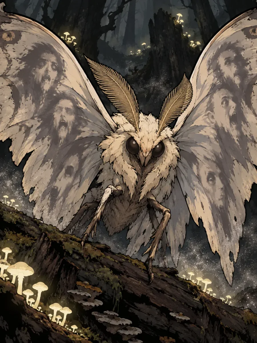 Funeral Silkwing: a huge pale moth with unsettling human faces patterned across its outstretched wings