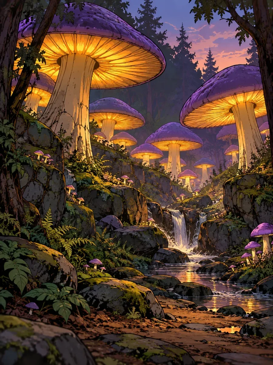 Golden light spills from enormous violet mushrooms above a stream in Gloaming Fold