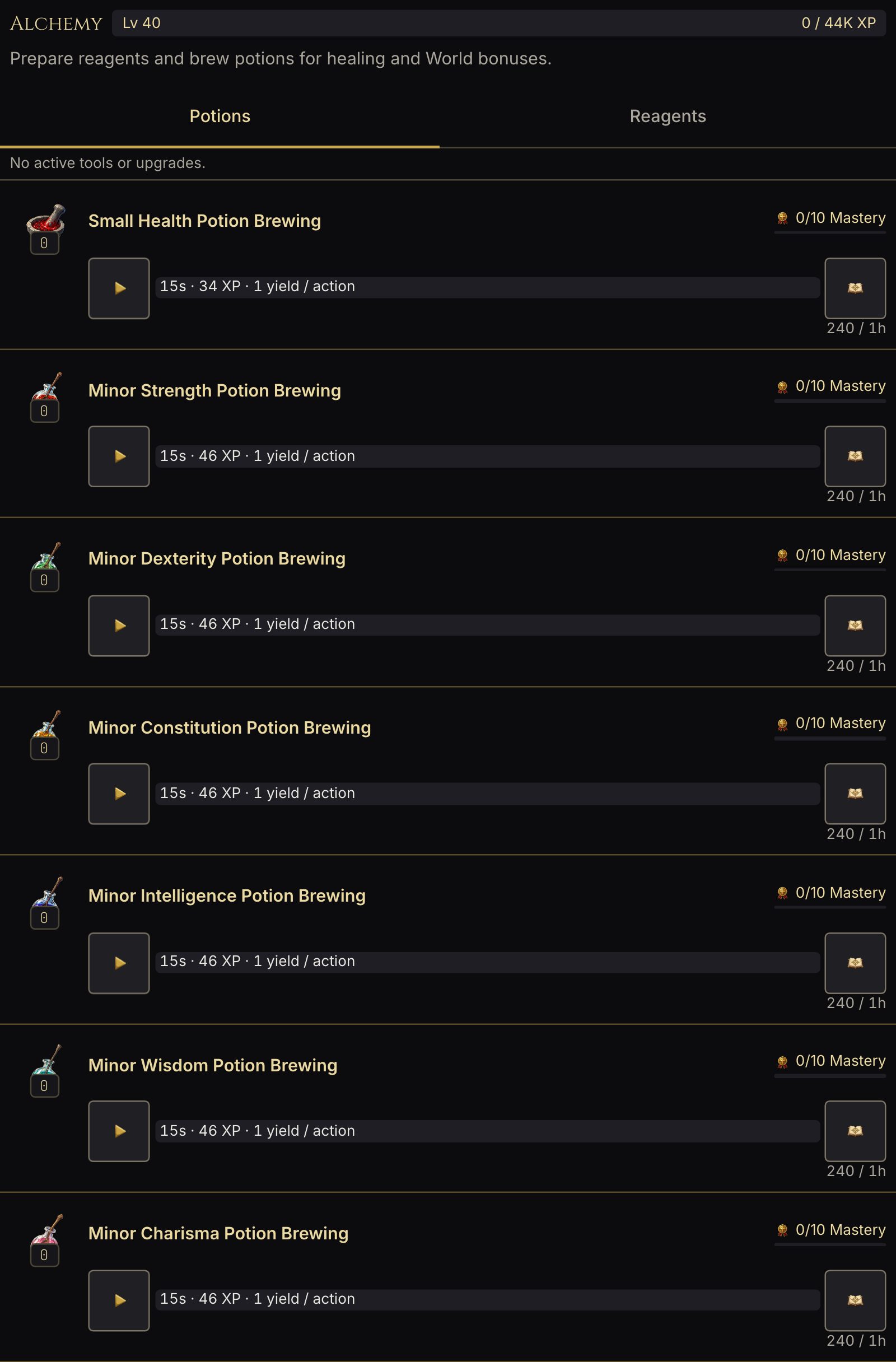 Alchemy potion activities with ingredients, skill progress, and brewing controls