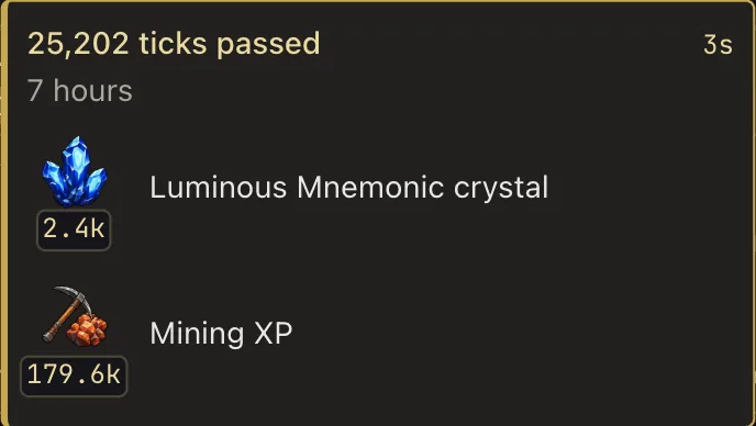 Actual return summary: 25,202 ticks passed in 7 hours, earning 2.4k Luminous Mnemonic crystals and 179.6k Mining XP
