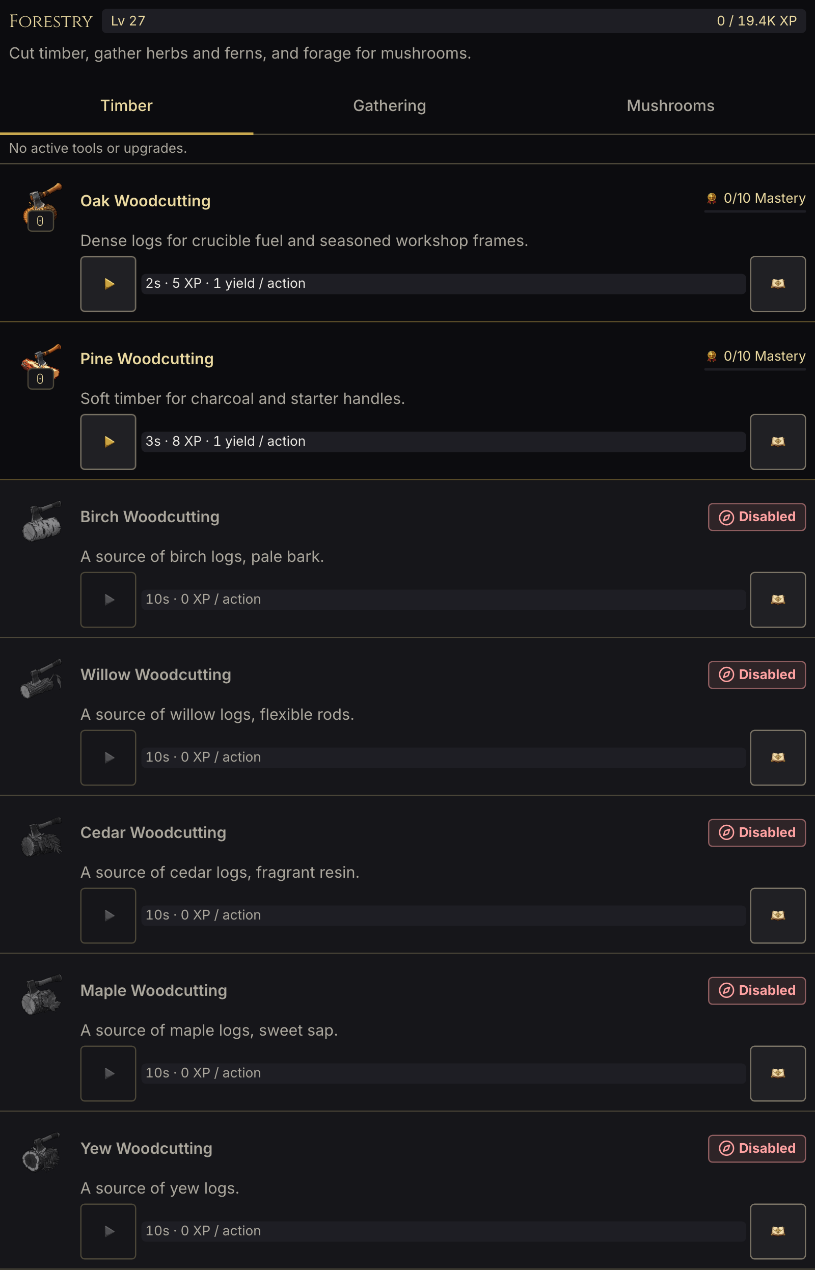 Level 27 Forestry with seven woodcutting activities and their requirements