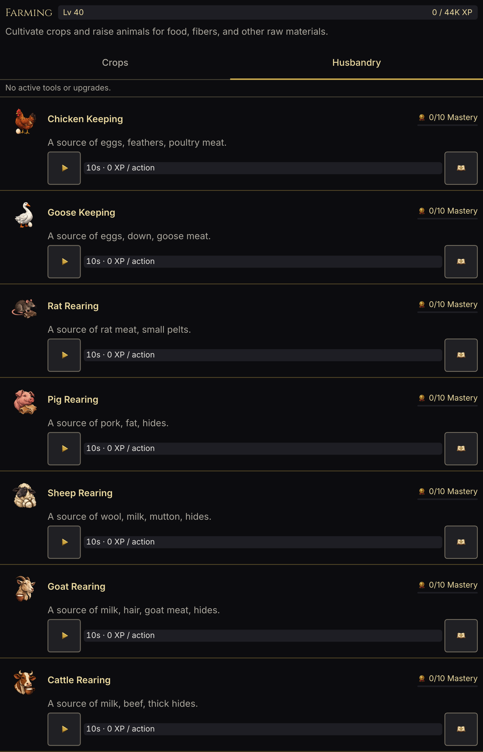 Husbandry preview with seven animal-rearing activities and enabled preview controls