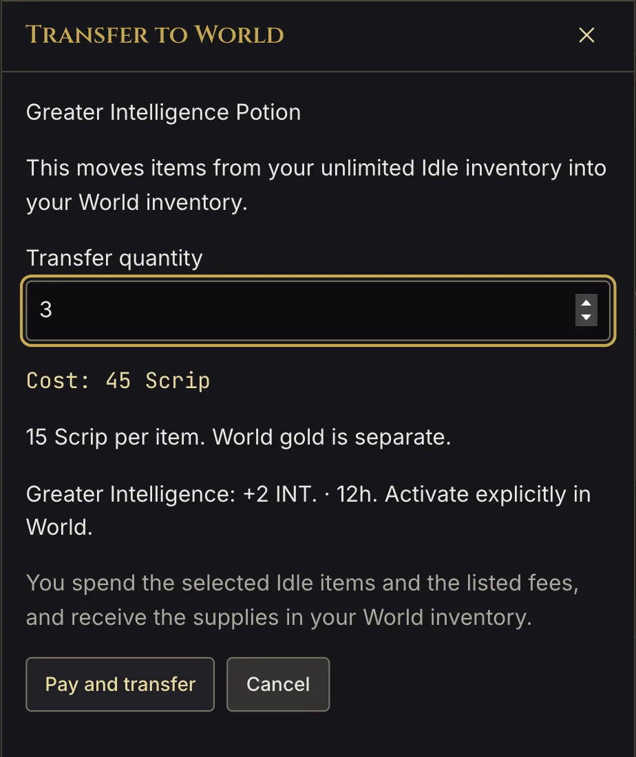 Actual Transfer to World dialog: 3 Greater Intelligence Potions for 45 Scrip, granting +2 INT for 12 hours once activated in World