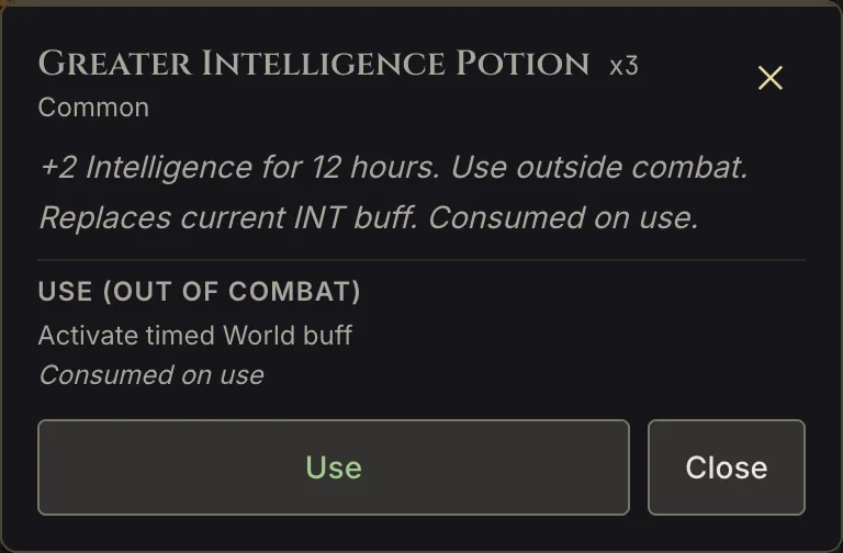 Actual World item details for three Greater Intelligence Potions: +2 Intelligence for 12 hours, used outside combat, with a Use button