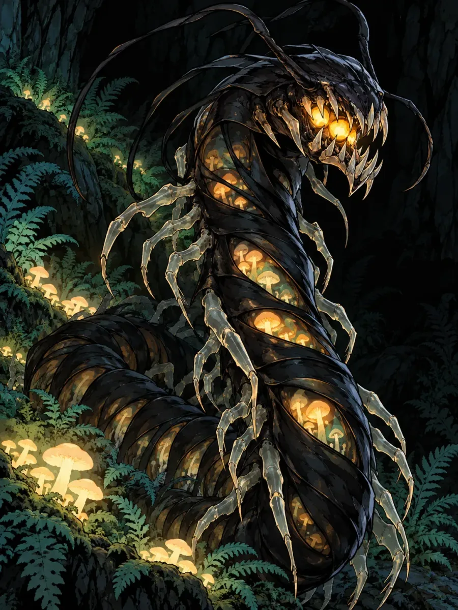 A long centipede with glowing segments and translucent legs