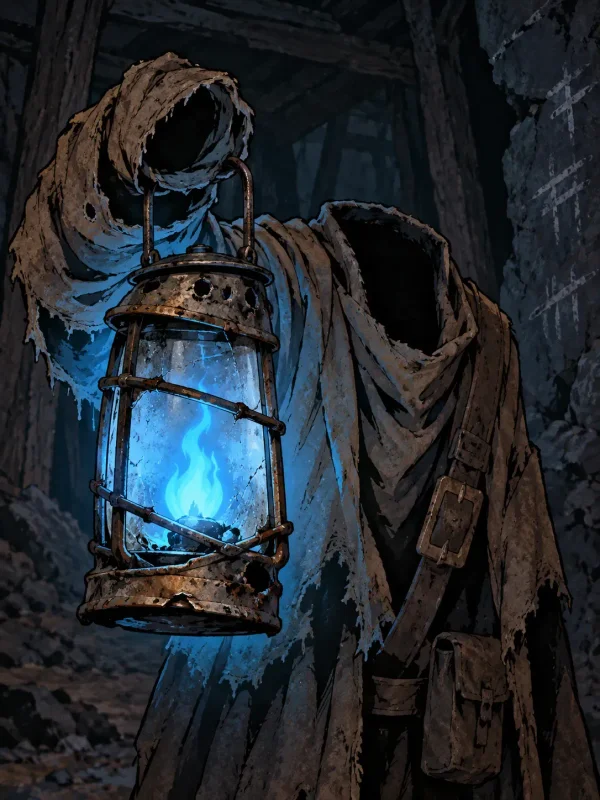 An empty hooded coat carries a battered lamp burning with blue flame