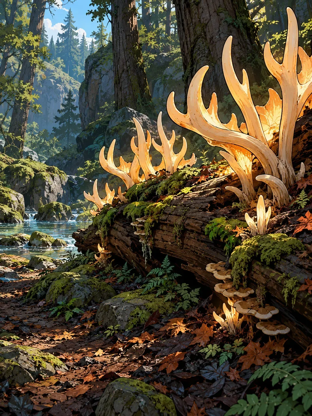 Glowing antler-shaped fungi rise above a bank of dark leaves