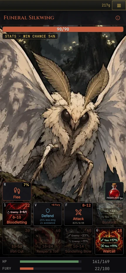 Actual mobile combat against Funeral Silkwing, with touch-friendly attack, defend, and spell controls
