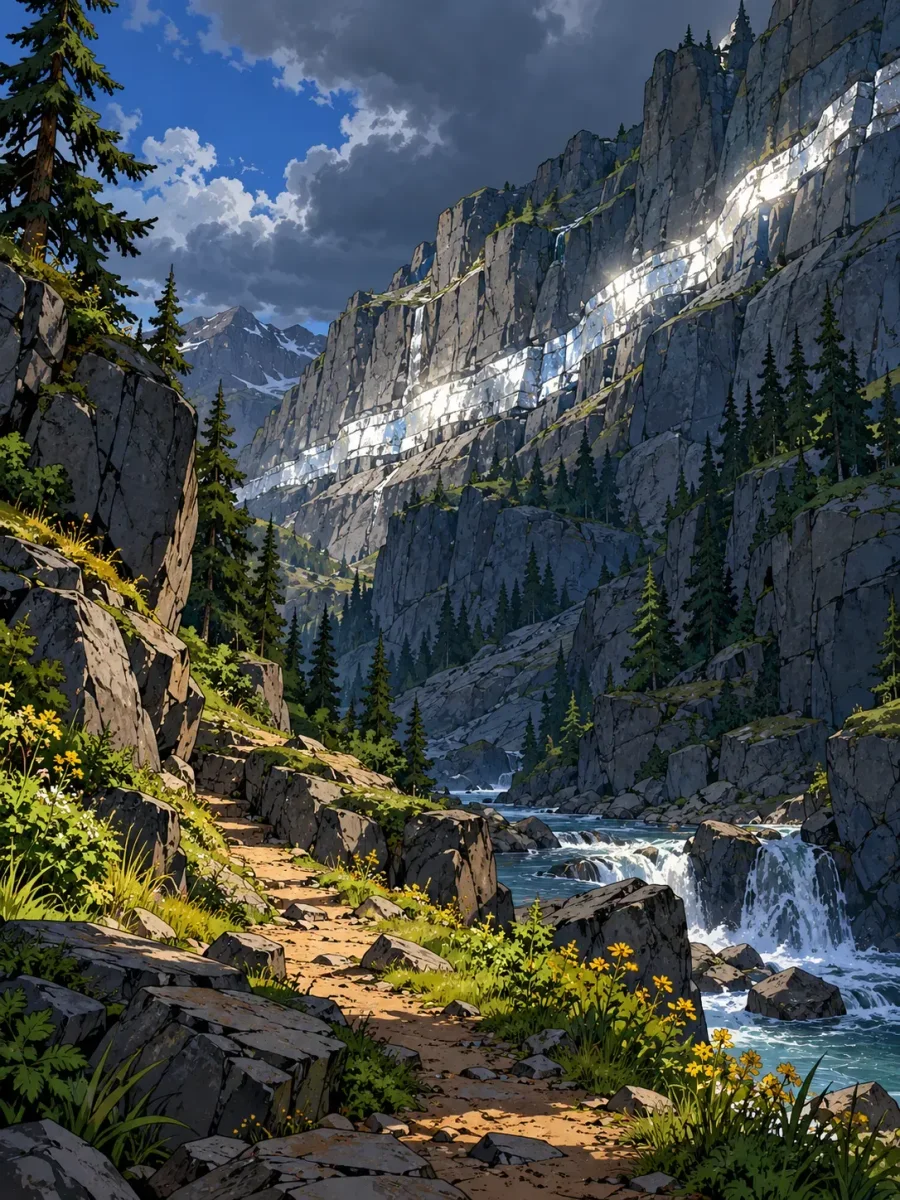 A bright silver seam cuts across a sheer mountain face above a forested valley