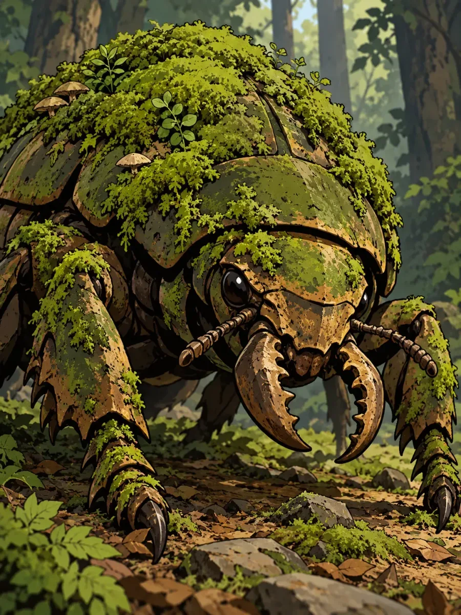 A heavy woodland beetle with a moss-covered shell