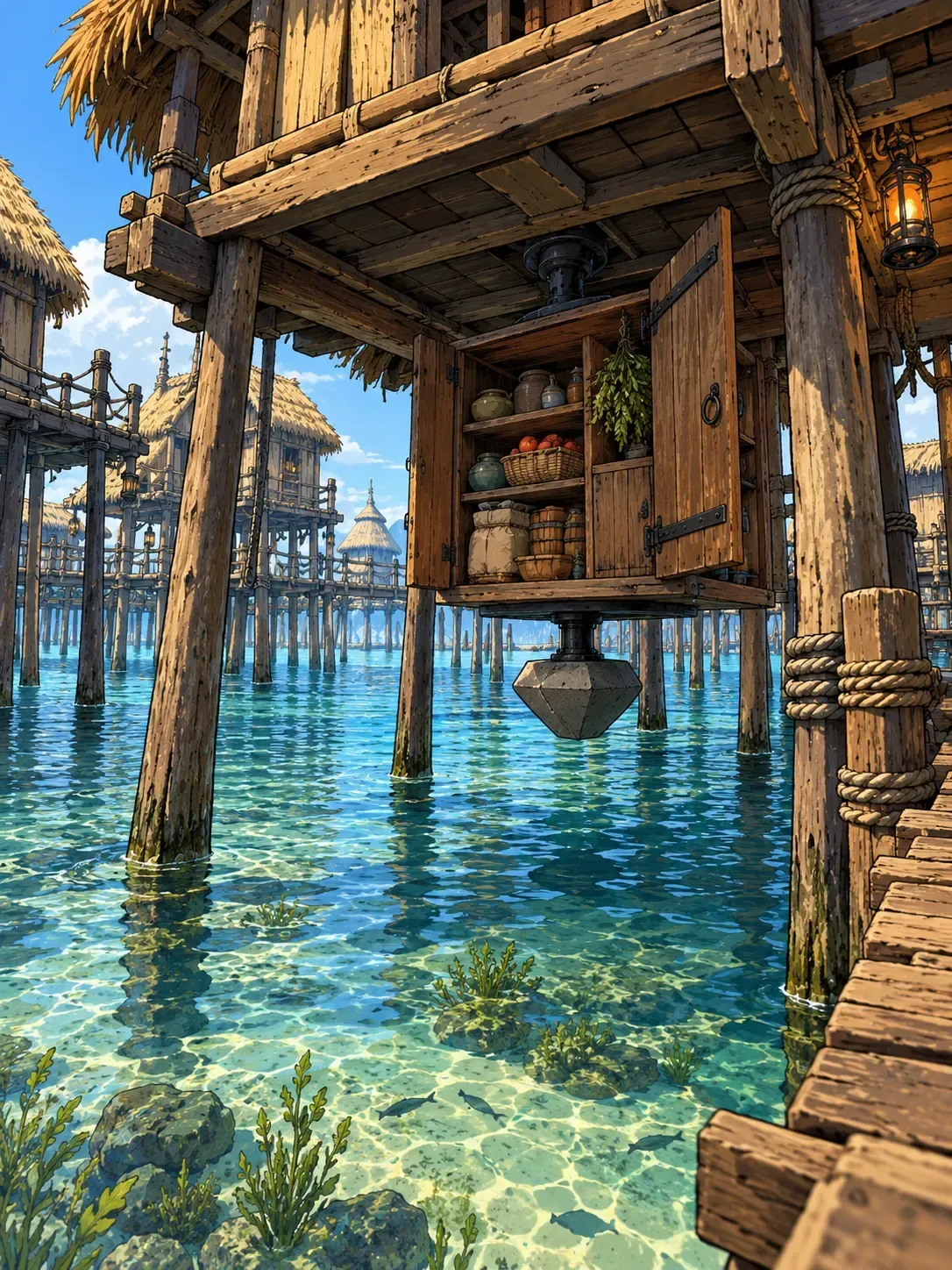 A lakeside pantry hung with provisions above the water