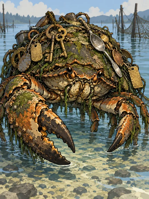 A broad crustacean carrying lost keys, cutlery, and brass tags on its shell
