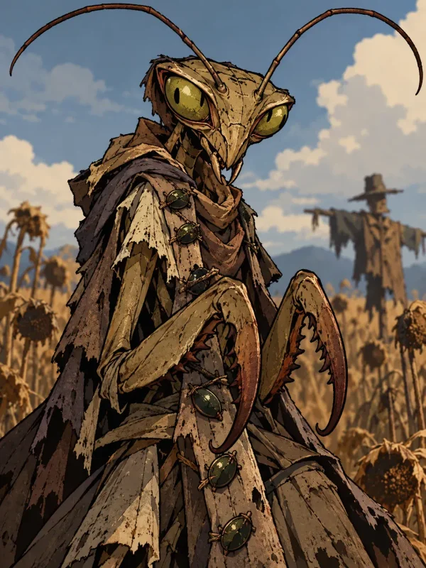 An upright mantis wrapped in ragged coats with hooked forelegs