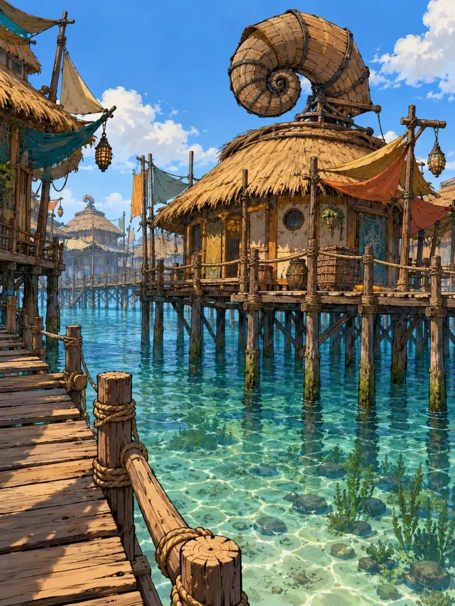 A spiral shell-shaped vent rises from a stilt house above clear turquoise water