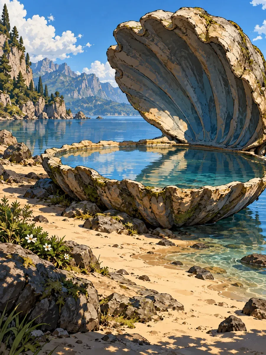 A giant open shell rests in the clear shallows beside a rocky shoreline