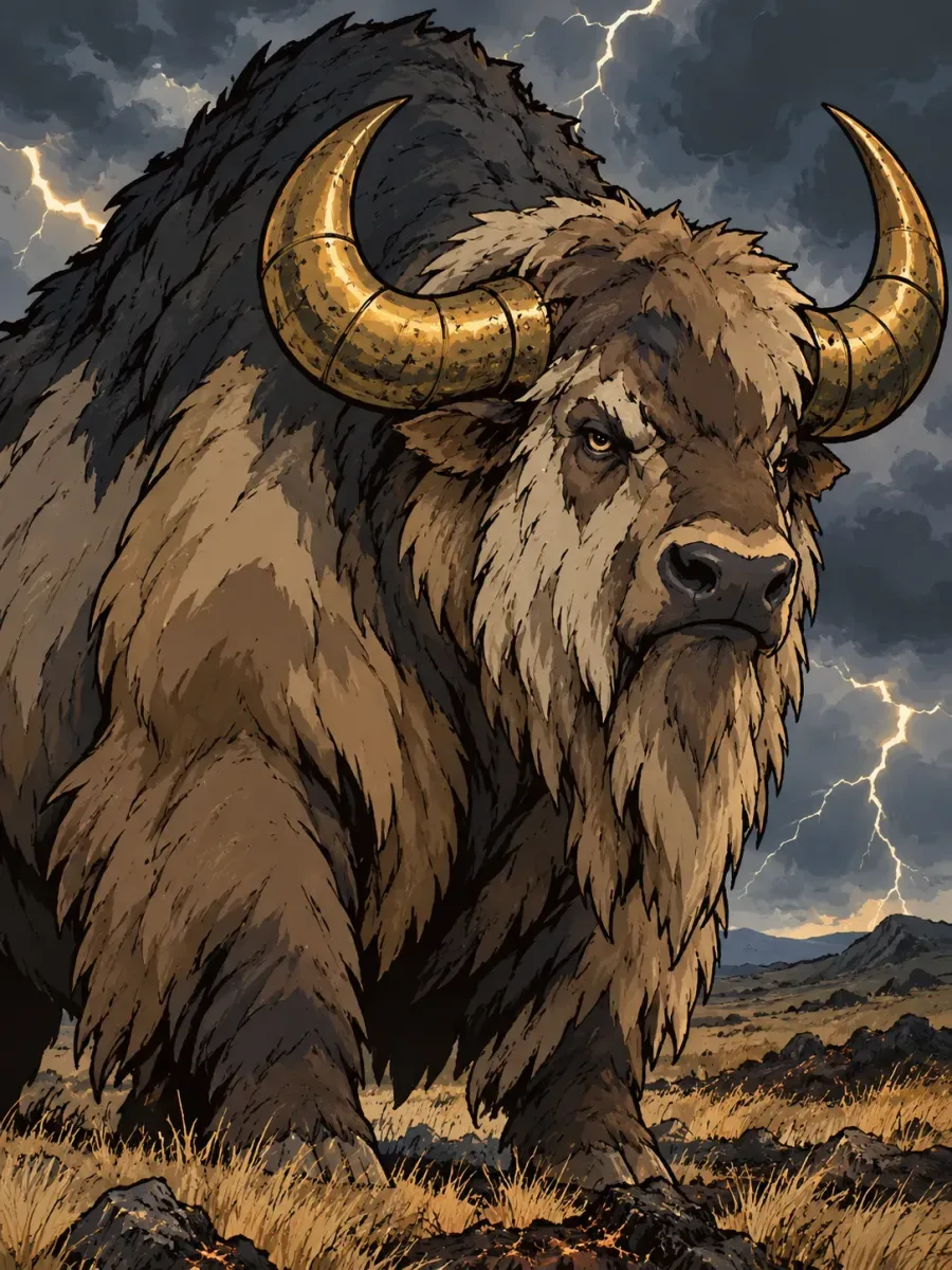 A shaggy bison with enormous brass-coloured horns beneath a stormy sky