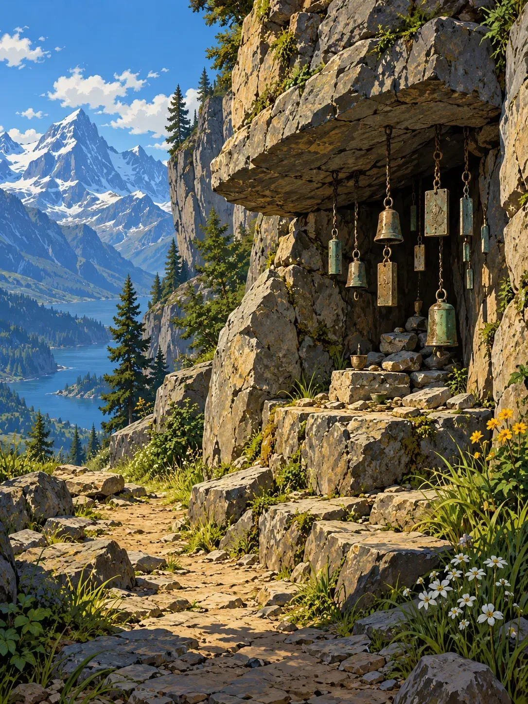 Small metal prayers suspended inside a sheltered mountain rock niche