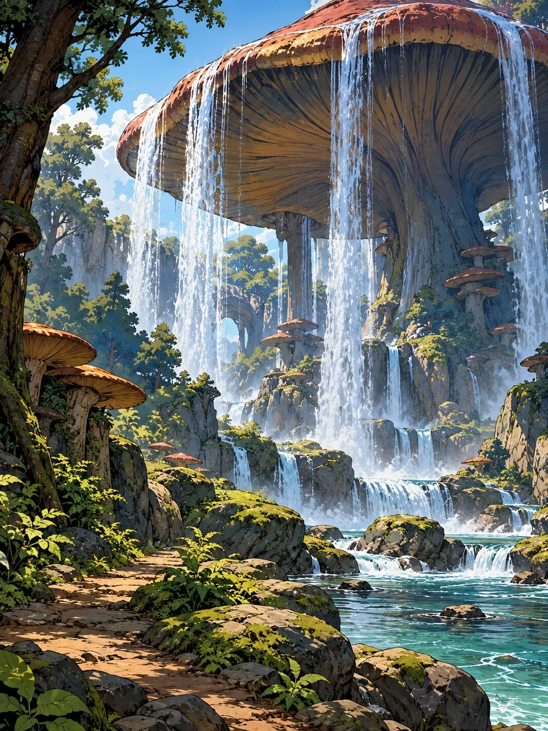 Water streams from an enormous mushroom cap into a clear woodland pool