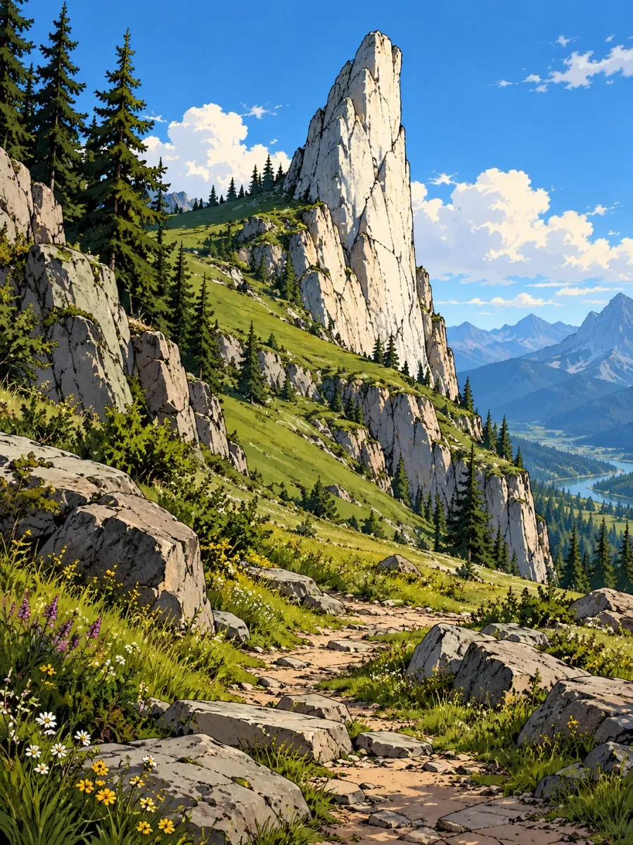 White Tooth Rise: a pale stone pinnacle towers above a winding mountain path