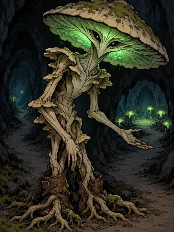 A tall walking fungus with a green glow beneath its broad cap